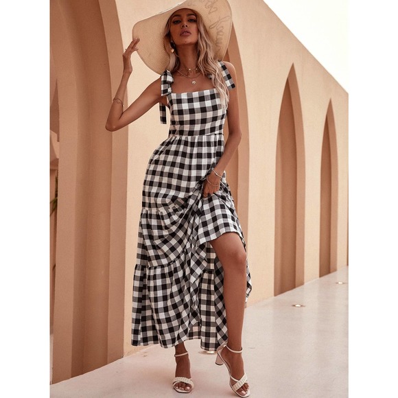 preppy Knot Strap Flounce Hem Gingham print maxi Dress - Picture 1 of 7